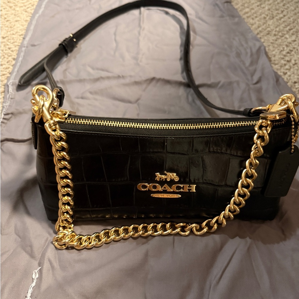 Coach Black Croc-Embossed Bag with Gold Chain